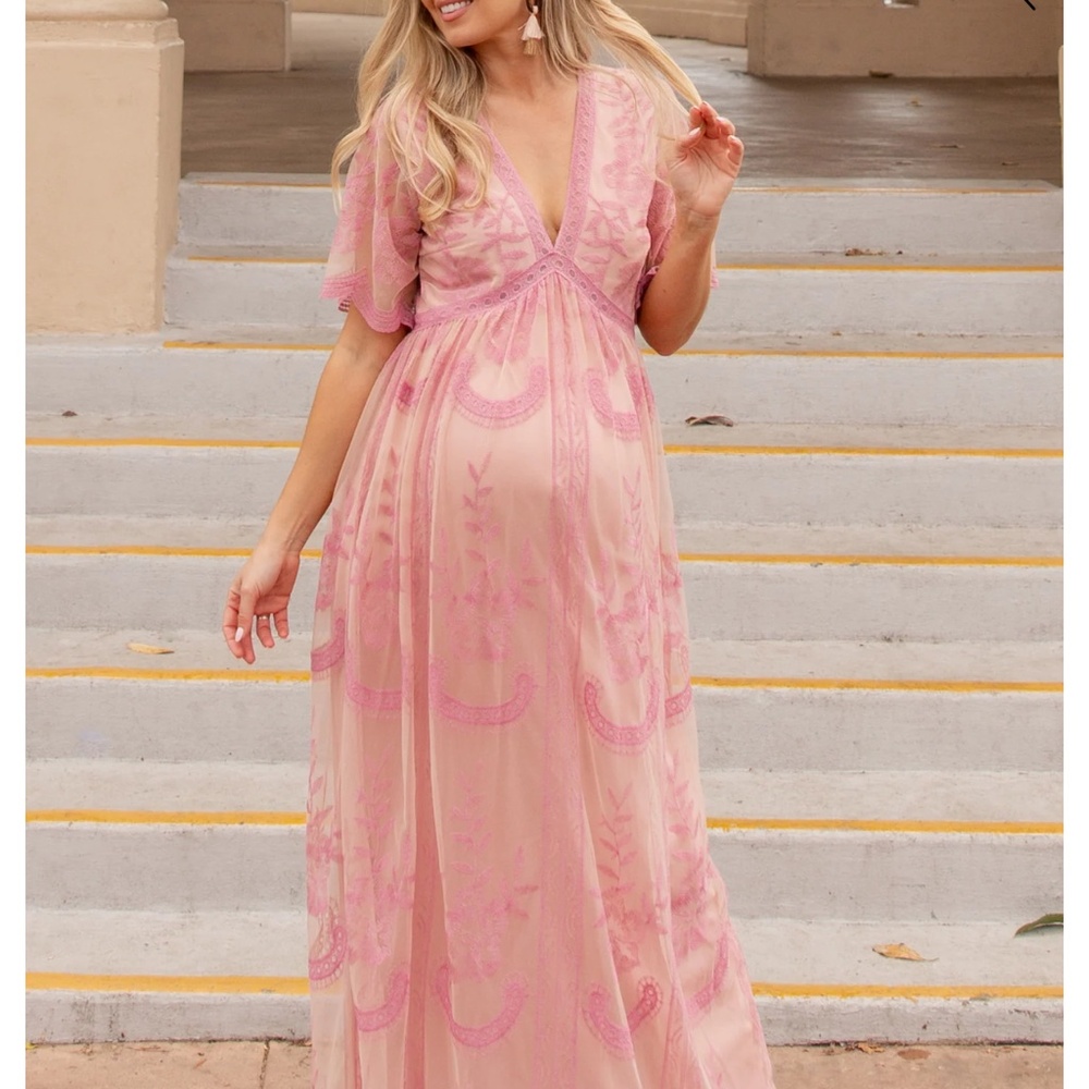 Pink Lace Mesh Overlay Maternity Maxi Dress
